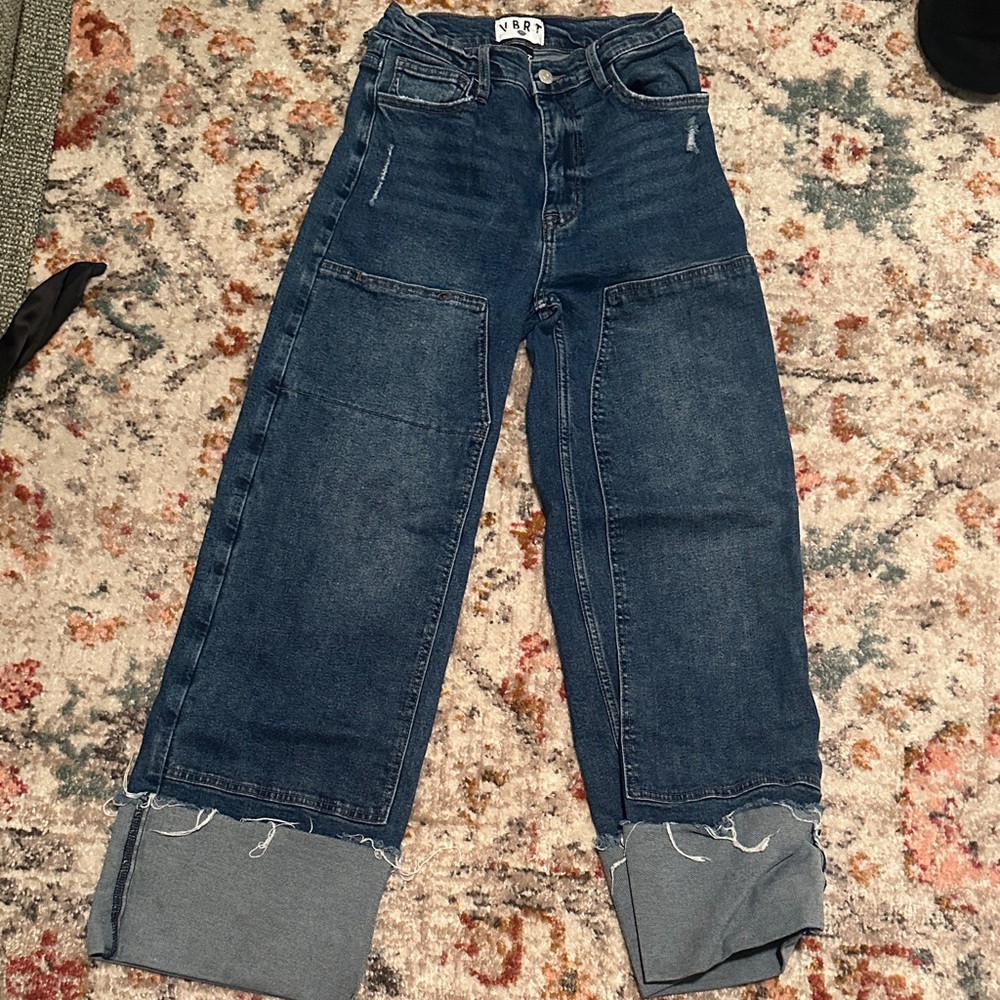 Vibrant Brand High Rise Wide-Leg Dark Blue Patch Jeans
